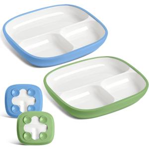 Domensi 2 Set Kids Porcelain Plates with Silicone Sleeves 8.2 Inch Divided Porcelain Plate Toddler White Suction Dishes for Baby Troubleless Eating Microwave Dishwasher Safe (Vivid)