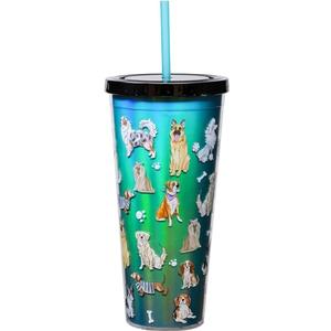 Spoontiques - Acrylic Foil Cup with Straw - 20 - Metallic Locking Lid with Straw - Double Wall Insulated - BPA Free - Dog Doodles Foil Cup, 20 Oz