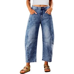 Utyful Barrel Jeans Women Cropped Baggy Trendy High Waisted Distressed Loose Stretch Denim Trouser Jeans with Pockets, Large