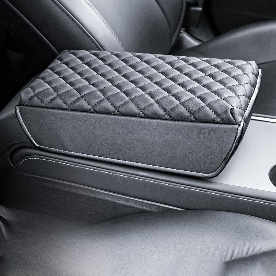 Upgraded Center Console Cover, Leather Armrest Arm Rest Cover Pad Cushion Middle Console Lid Cover, Car Interior Accessories (for Tesla Model3/Y 2017-2023 Black)