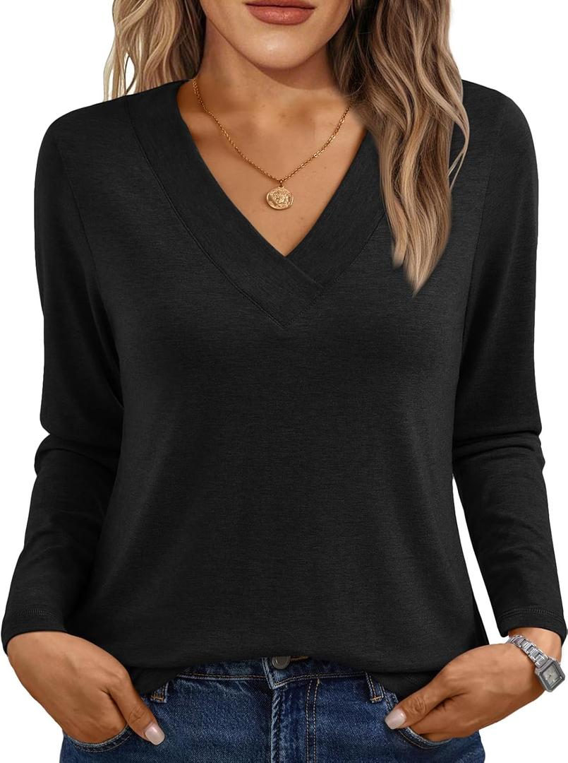 AUTOMET Long Sleeve Shirts for Women Tops V Neck Casual Top Comfortable Shirt Soft Basic Tees Women Blouses (X-Large, Black)