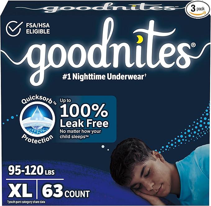 Goodnites Boys' Nighttime Bedwetting Underwear, Size Large (68-95 lbs), 75 Ct (3 Packs of 25), Packaging May Vary