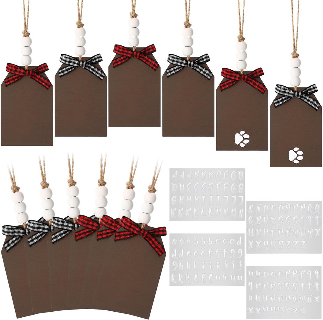 Jetec 12 Pcs Christmas Stocking Name Tag Xmas DIY Personalized Wooden Dog Stocking Hanging Tags with Buffalo Plaid Bow and 4 Letter Sticker for Holiday Christmas Ornaments Home Decor (Dark Brown)