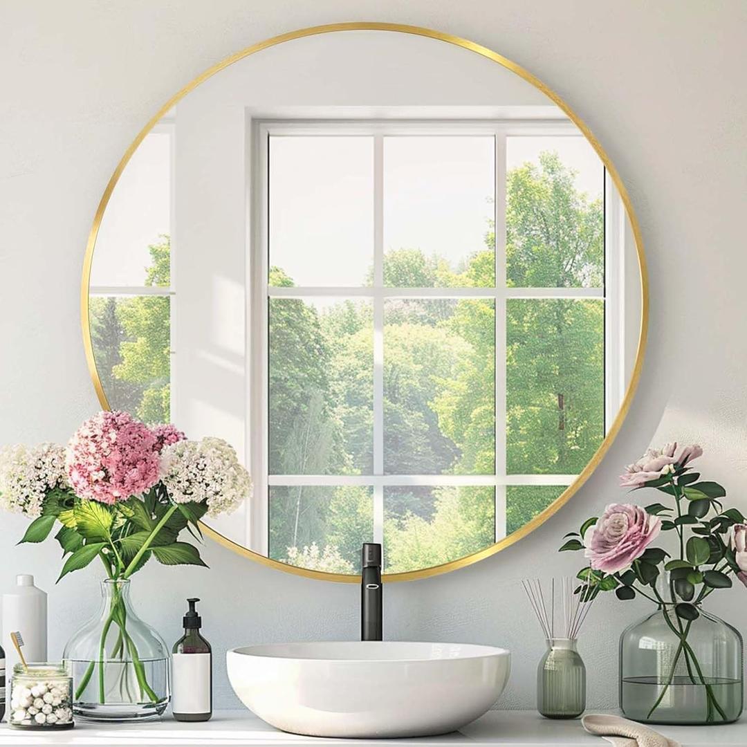 Round Gold Mirror, 30 Inch Circle Gold Mirror, Metal Frame Round Wall Mounted Mirrors for Bathroom, Living Room, Bedroom, Entryway, Vanity, Golden, Brass