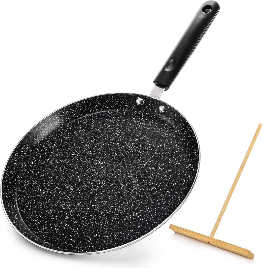 10 Inch Nonstick Crepe Pan with Spreader, Flat Skillet Tortilla Pan with Granite Coating, Round Griddle Pancake Pan with Stay-Cool Handle, Induction Compatible, PFOA Free, Black