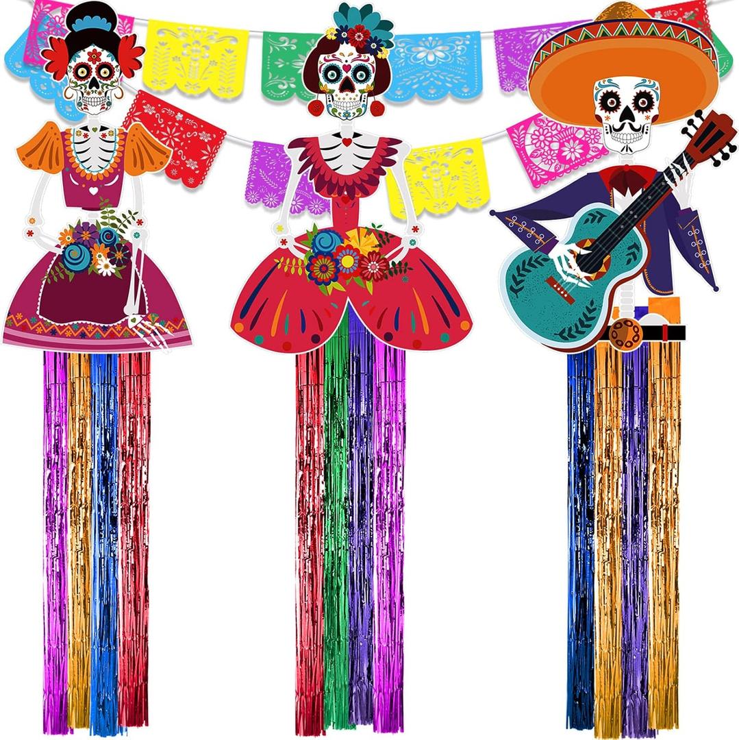 TaoBary 15 Pcs Day of the Dead Decorations Set 34 Inches Sugar Skull Hanging Decor 16.4 Ft Papel Picado Banners Mexicano Dia De Los Muertos Large Skull Decoration for Halloween Party Supplies