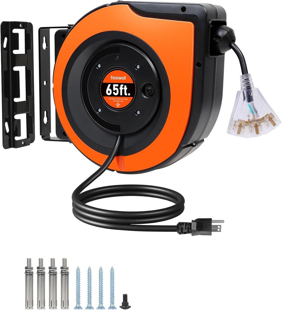 65FT Retractable Extension Cord Reel, 12AWG/3C SJTOW Heavy Duty Power Cord with Lighted Triple Tap Outlet, 15A Circuit Breaker, 180 Swivel Removable Bracket for Wall/Ceiling Mount, UL Listed (Black/Orange)