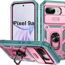 PASNEW Phone Case for Pixel 9A,360 Rotating Ring Kickstand Case & Slide Camera Cover,Military Heavy Duty Full Body Hard Shell Shockproof Phone Cases for Google Pixel 9A,6.3 inch,Pink Green