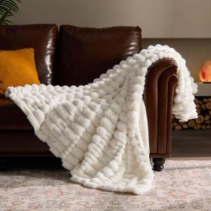 BEDELITE Faux Fur Cream Throw Blanket for Couch - Super Soft & Cozy Plush Striped Blanket for Sofa and Room Decor, Luxury Fluffy All-Season Blankets Gift for Women, Men, Mom, Dad, 50x60 inch, Cream