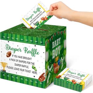 Teling 51 Pieces Diaper Raffle Tickets with Card Baby Shower Decorations Gender Reveal Holder Box for Girl Boy Diaper Raffle Party (Football Touch Down It's A Boy)