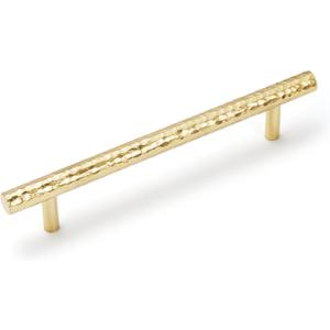 6-Pack Solid Brass Kitchen Cabinet Pulls, Gold Modern T-Bar Handles, 5-Inch Hole Center Hammered Handles for Dresser Drawer Cupboard, 6-7/8 Inch Total Length, Polished Finish
