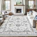 Madane 8x10 Area Rugs for Living Room, Vintage Washable Rug with Non-Slip Backing, Soft Floral Print Large Foldable Thin Floor Carpet for Bedroom Dining Room, Iron Gray/Ivory