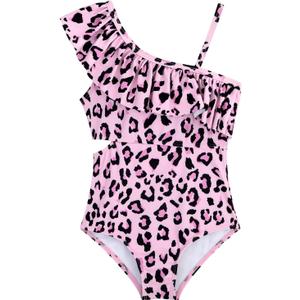Girls One Piece Swimsuits Cutout Ruffle Bathing Suit Quick Dry Beach Swimwear with Adjustable Strap (9-10 Years, Pinkleopard)