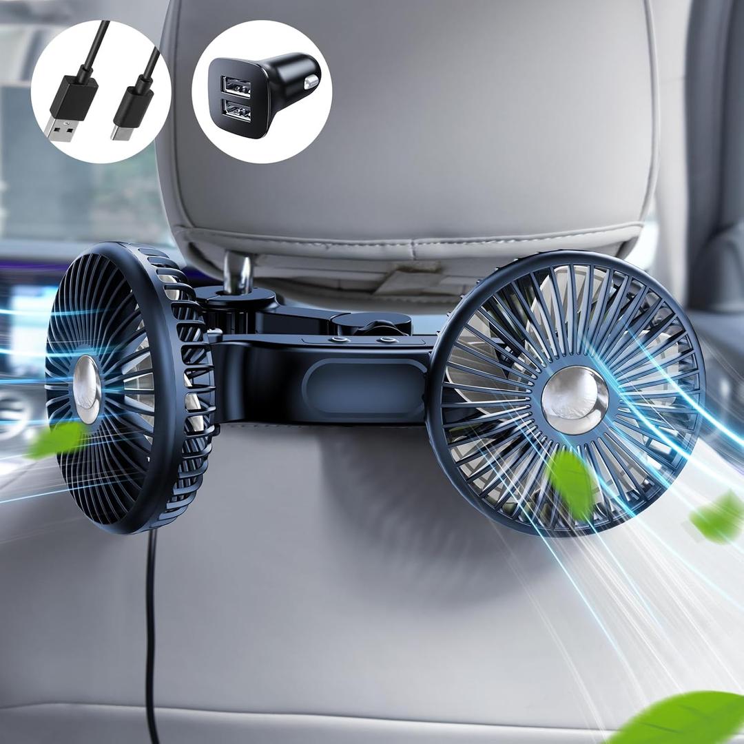Dual Head Car Cooling Fan for Back Seat, Usb Powered 3 Speeds 12V Rotatable Car Seat Headrest Fan for Kids Baby Dog Rear Facing, Car Accessories Cooler That Blow Cold Air for Sedan Suv Rv Truck