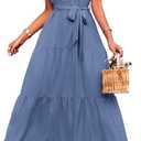 PRETTYGARDEN Women's Summer Maxi Sun Dress Sleeveless Halter Neck Flowy Ruffle Hem Long Boho Dresses with Belt (Solid Grey Blue, Small)