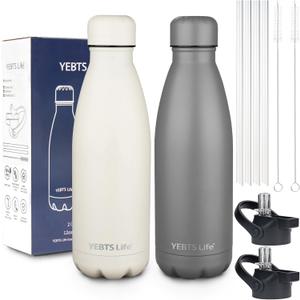 Insulated Water Bottle,2 Pack-12oz Stainless Steel Water Bottles with straw lid,Metal Sports Thermos Water Bottles for Boys,Girls,Double Wall Vacuum BPA-Free Flask for Sports (Grey&Cream white)
