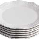 10 Inch Porcelain Dinner Plates Set of 6, White, Embossed, Dishwasher safe, Microwave safe (Picapica 10)
