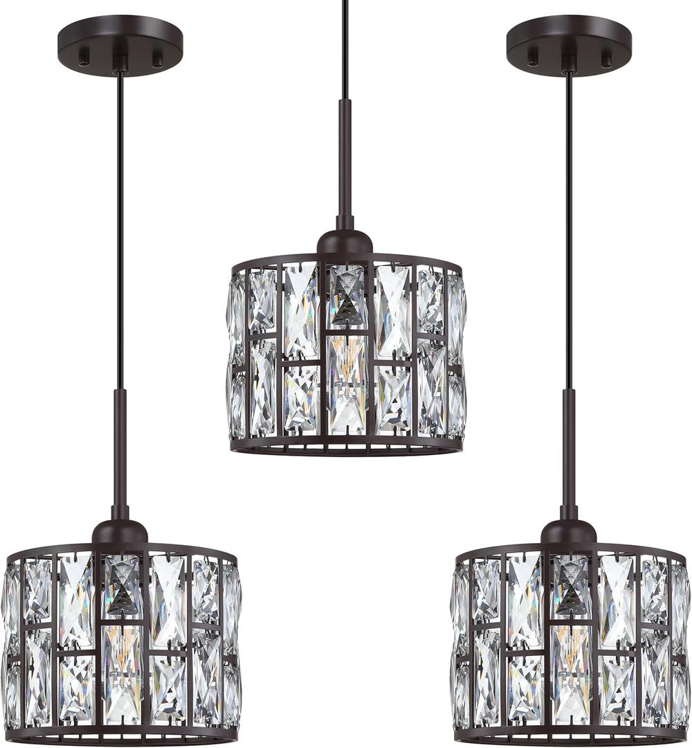 3 Pack 1 Light Hanging Kitchen Island Crystal Pendant Ceiling Light Fixture,Modern 8.3" Crystal Shade Oil Rubbed Bronze Finish for Bar,Dining Room,Living Room Over Sink Hallway