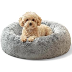 JOLLYVOGUE Small Dog & Cat Beds for Indoor Cats  20 inches Calming Donut Dog Bed for Kittens & Puppies, Washable Round Fluffy Plush Faux Fur Pet Beds (Smoke Grey)