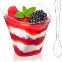 Qeirudu 4 oz Triangular Mini Dessert Cups with Spoons, 50 Pack Plastic Appetizer Cups Reusable Shooter Cups for Pudding Fruit Yogurt Parfait Ice Cream