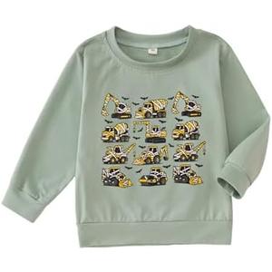 Blithestars Halloween Shirts for Toddler Baby Boys Construction Trucks Graphic Tshirt Kids Spooky Season Long Sleeve Tee Tops (Green, 2-3T)