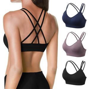 VEQKING Women's Cross Back Sports Bra Padded Strappy Medium Support Yoga Bra for Workout Fitness 3 Pack (3pack(Black+Navy Blue+Purple)), M
