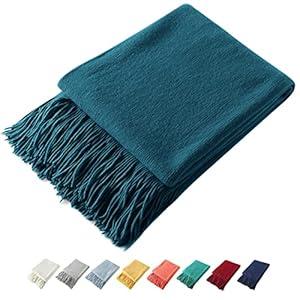Homiest Decorative Knitted Throw with Fringe, Lightweight Acrylic Knit Blanket, Soft & Cozy Tassel Blanket for Couch, Sofa, Bed (Turquoise, 50 x 60 Inch)