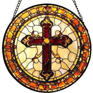 Cross Stained Glass Window Hanging -Cross Suncatcher for Window Doors Home Decoration and Christmas, Mother's Day Father's Day Birthday Gifts for Women, Men, and Mom 7.8x7.8 in