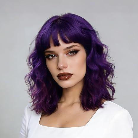 Purple Wig with Bangs Soft Short Bob Wigs for Women Synthetic Shoulder Length Women's Curly Wigs for Cosplay Halloween Costumes Daily (Royal Purple)