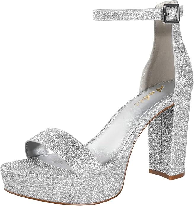 Ankis Chunky Platform Heels - 4 Inch Block Heeled Sandals for Women - Comfortable Open Toe Strappy Heels - Black, Nude, White, Silver, Gold - Summer Dress Shoes (Gray) 8