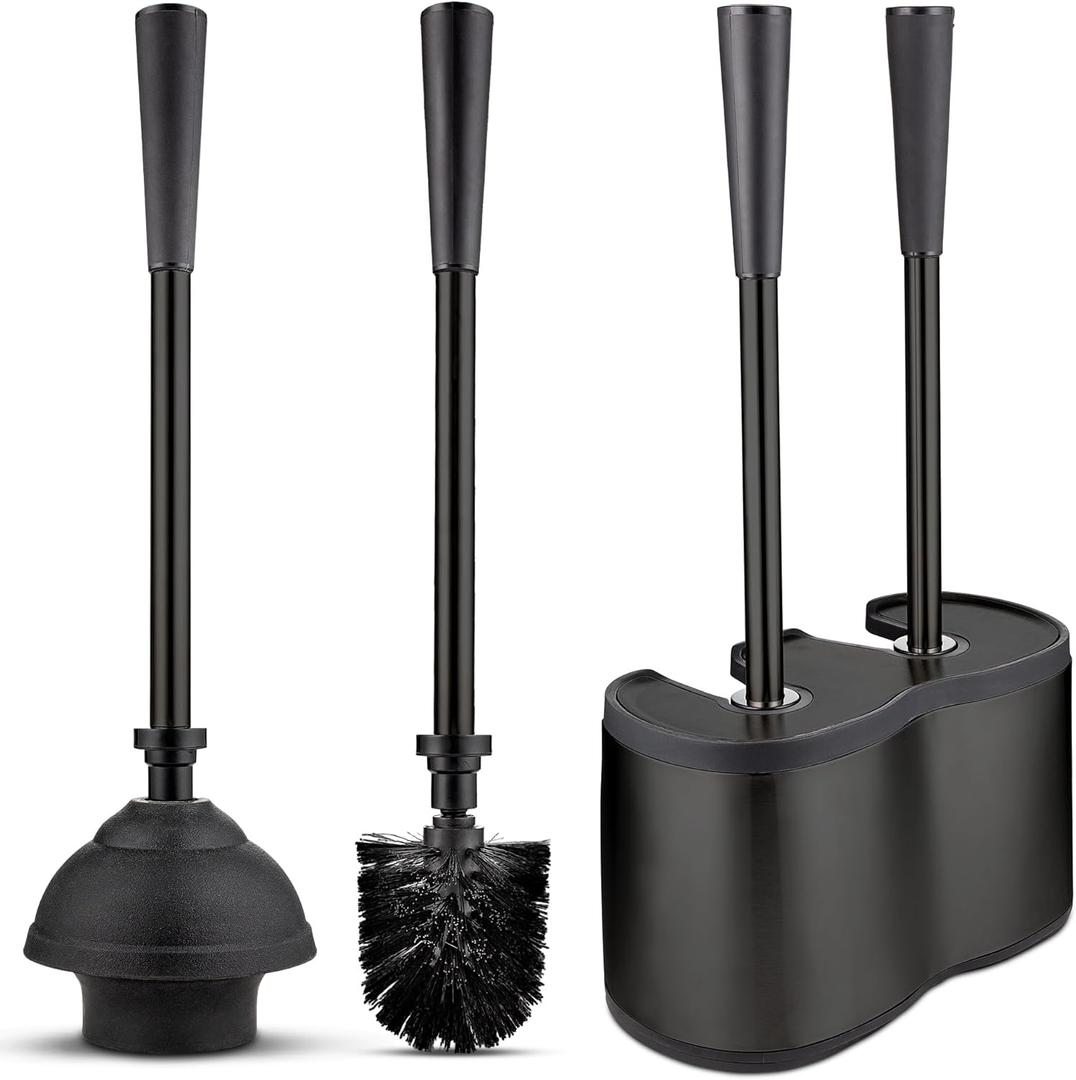 UMIEN Toilet Brush and Plunger Set 18-in - Updated 2025 No-Rust - Stainless Steel Design - Long Handles - with Freestanding Canister (Matte Black)