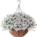 HyeFlora Artificial Fake Hanging White Plants Flowers Basket for Outdoor Fall Winter, Faux Silk Daisy in Planter Realistic UV Resistant for Christmas Outside Porch Home Patio Balcony Yard Decoration