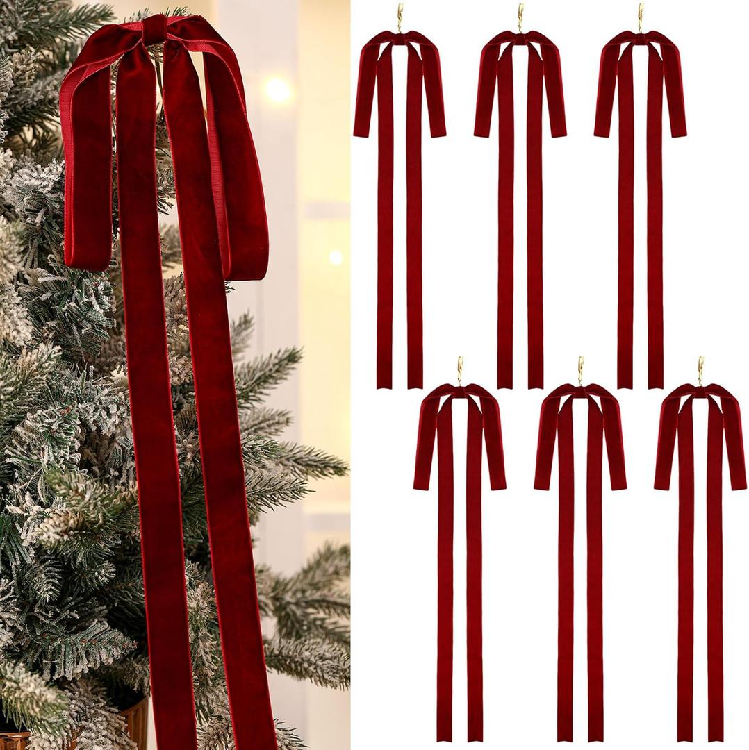 Janinka 6 Pcs Burgundy Long Velvet Bow Ornaments Christmas Swag 23.5x15.5 Inch Vintage Large Christmas Bows for Xmas Tree, Wreath, Garland, Swag, Staircase, Fireplace, Door (Wine Red)