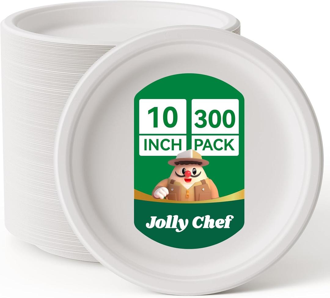 JOLLY CHEF Compostable Heavy Duty Plates   [ ] Eco-Friendly Disposable White Paper Plates Made of Bagasse Biodegradable Bulk for Party Dinner Sugarcane Fibers Round 300 Count (300 Count (Pack of 1))