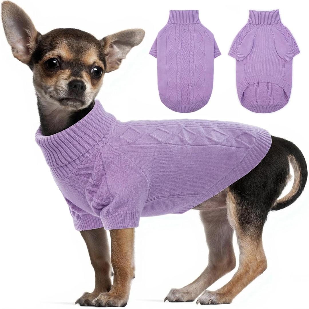 LETSQK Dog Knitting Sweater,Pet Warm Winter Coat,Thickening Turtleneck Small Medium Doggy Sweatshirt Soft Classic Knitwear in Cold Weather,Pullover Sweater for Puppy,S Purple