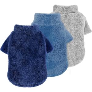 Idepet Fleece Dog Sweater 3 Pack, Velvet Puppy Clothes, Fuzzy Cat Apparel, Soft Outfits, Thermal Pet Clothing for Fall Winter Coat for Small Dogs (Grey+Blue+Navy)