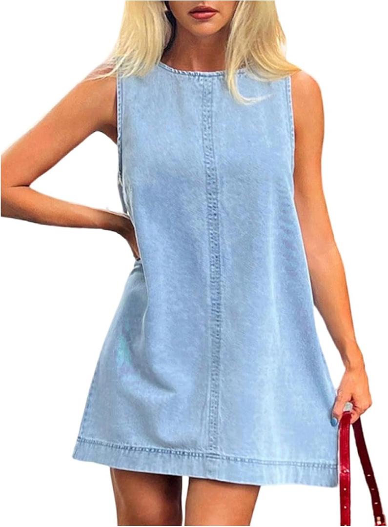 Milumia Women's A-Line Sleeveless Crew Neck Denim Dress Loose Casual Mini Jean Dresses M