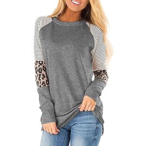 Leopard Print Tops for Women Long Sleeve Crew Neck Patchwork T Shirt Blouse (S)