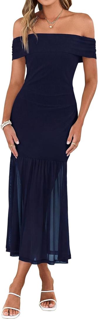 Simplee Womens Summer Off Shoulder Maxi Dress 2026 Ruched Bodycon Flowy Tulle Formal Cocktail Wedding Guest Long Dresses (Blue, L)