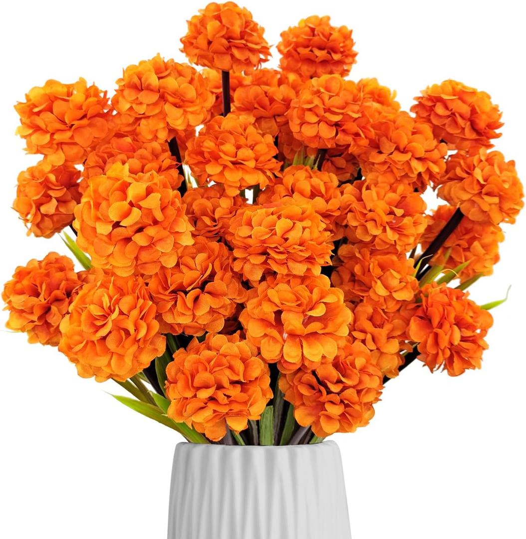 Fall Fake Mums Artificial Flowers, 6 Pack 42 Heads Faux Silk Small Chrysanthemum Ball Plastic Plants Outdoor UV Resistant for Autumn Home Kitchen Outside Porch Garden Pots Decoration (Orange)