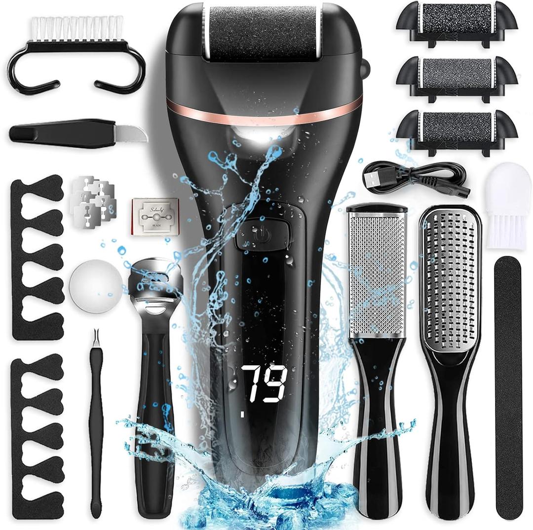 Electric Foot Callus Remover with 3 Roller Heads 2 Speed Rechargeable,Professional Pedicure Pedicure Kit Waterproof Foot Scrubber File,Pedicure Tools,Foot Care for Dead Hard Cracked Dry Skin