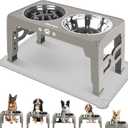 Elevated Dog Bowls for Medium Size Dogs with Mat, Non-Slip Dog Feeder with 1*Stainless Steel Dishes & 1*Slow Feeder Bowl, 5 Heights Adjustable Raised Bowls for 3.15-8.66-9.84-11.02-12.2 (Light Borwn Grey)