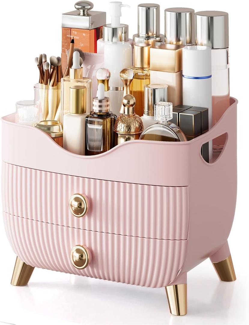 Makeup Organizer Countertop, Large Capacity Skincare Cosmetic Organizer for Vanity with 2 Drawers, Cosmetic Display Cases Makeup Storage Box for Bedroom, Bathroom, Ideal Gifts for Women(Pink)