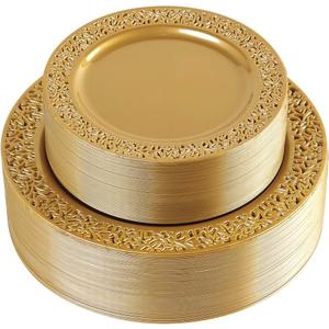 I00000 102 PCS Brown Gold Plastic Plates, Lace Design Disposable Plates, BPA Free Plates Includes: 51 Dinner Plates 10.25 Inch and 51 Salad/Dessert Plates 7.5Inch for Wedding and Party