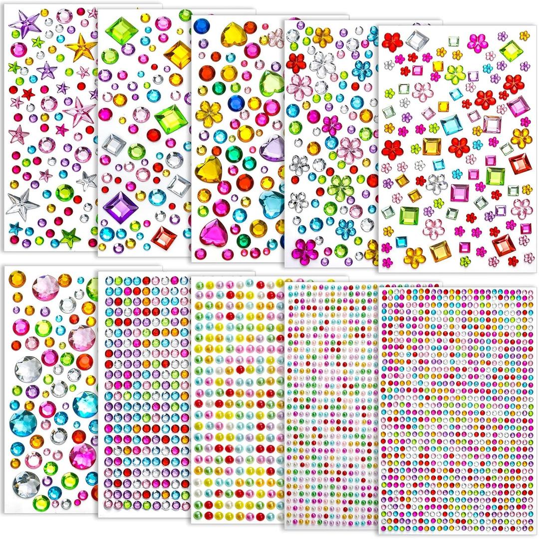 Lezmarket Gems Stickers for Kids Crafts, 10 Sheets Self-Adhesive Jewels, Bling Gemstone Stickers for Makeup & DIY, Multi Colors, Shapes, Sizes