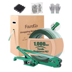 FoundGo PET Banding Strapping Kit for Heavy Duty Tough Pallet Packaging Strapping Tool with >1500lbs 5/8" x 1000' PET Strapping Roll & its own Pull-Out Box 100 Corner Protectors 300 Seals