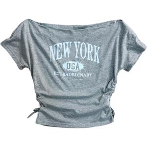 Girl's Letter Print Off The Shoulder T Shirt Short Sleeve Ruched Summer Street Crop Tops (Grey) 15y