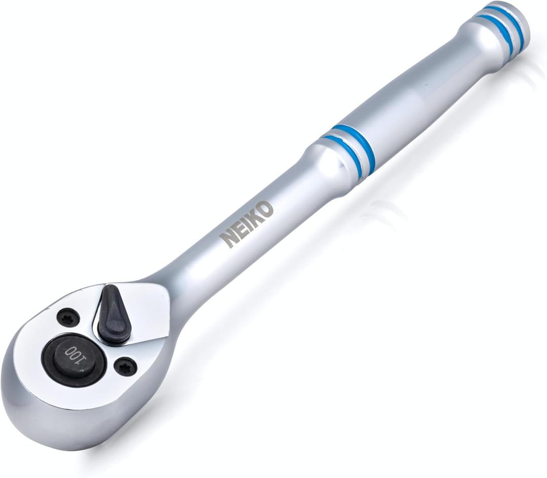 NEIKO 3/8 Inch Ratchet Wrench, 100-Tooth Reversible, 3.6 Degree Swing, Quick Release, 8" Long Handle, Silver Chrome Vanadium Steel