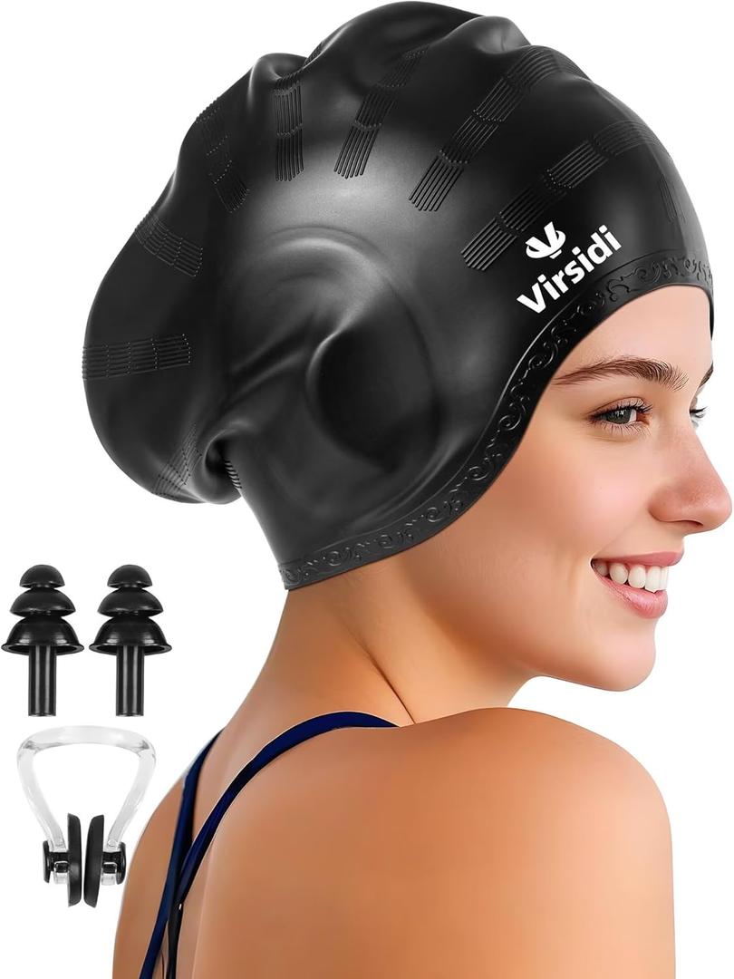 Swim Cap for Long Hair, Silicone Swimming Cap for Adult Women Men with 3D Ear Protection, Waterproof Large Swim Hats Bathing Caps to Keep Hair Dry with Ear Plugs Nose Clip (Black)
