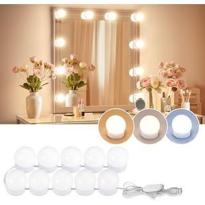 LED Vanity Lights For Mirror, Consciot Hollywood Style With 10 Dimmable Bulbs, Adjustable Color & Brightness, USB Cable, Stick on for Makeup Table Dressing Room Mirror